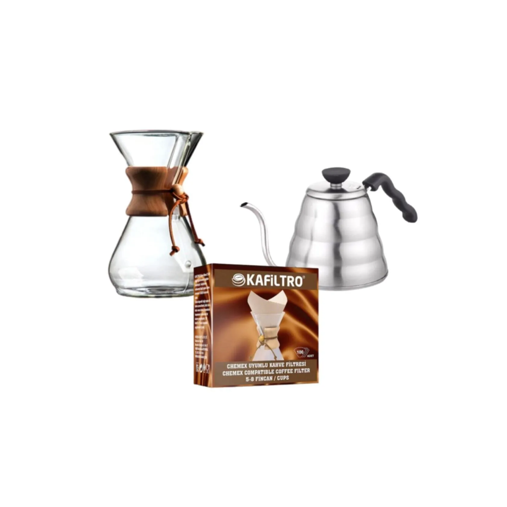 Kahve Demleme Ekipmanı Seti (ist Coffee Chemex 800 ml, Kettle 1200 ml ve Kafiltro 100 Ad)
